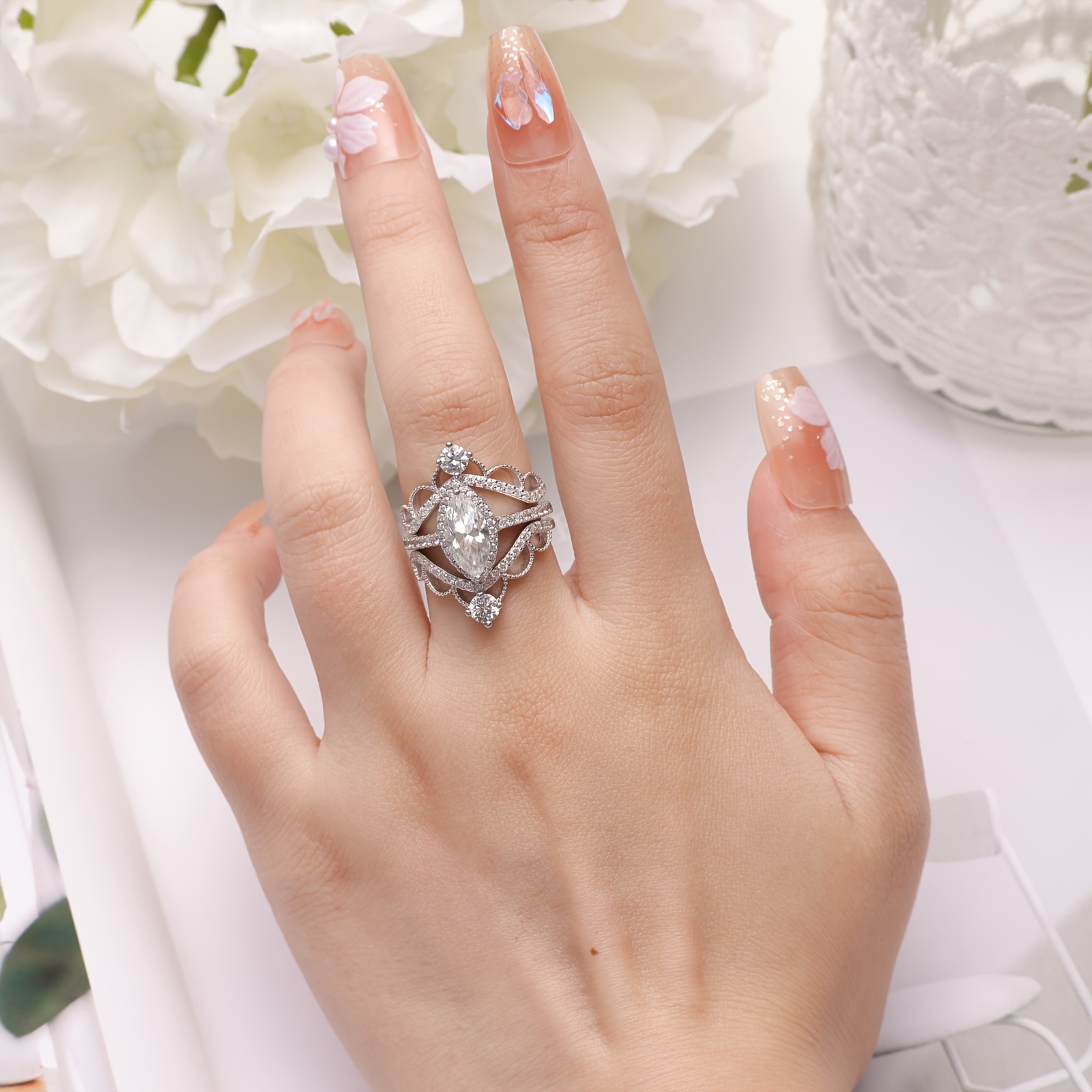 S925 Silver Ring Moissanite Stone Crown Tiara Wedding Band Mother's Ring